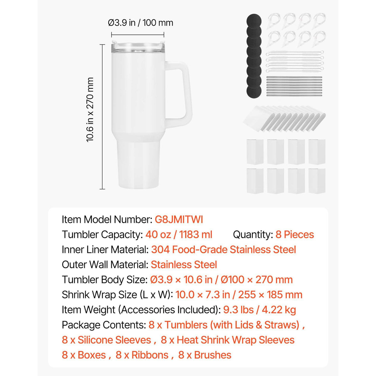 Sublimation Tumblers, 8 Pack, 40 oz Tumblers Bulk with Handle, Stainless Steel Sublimation Cups with Lids and Straws, Double Wall Insulated Tumbler Blank, for DIY Personalized Customization