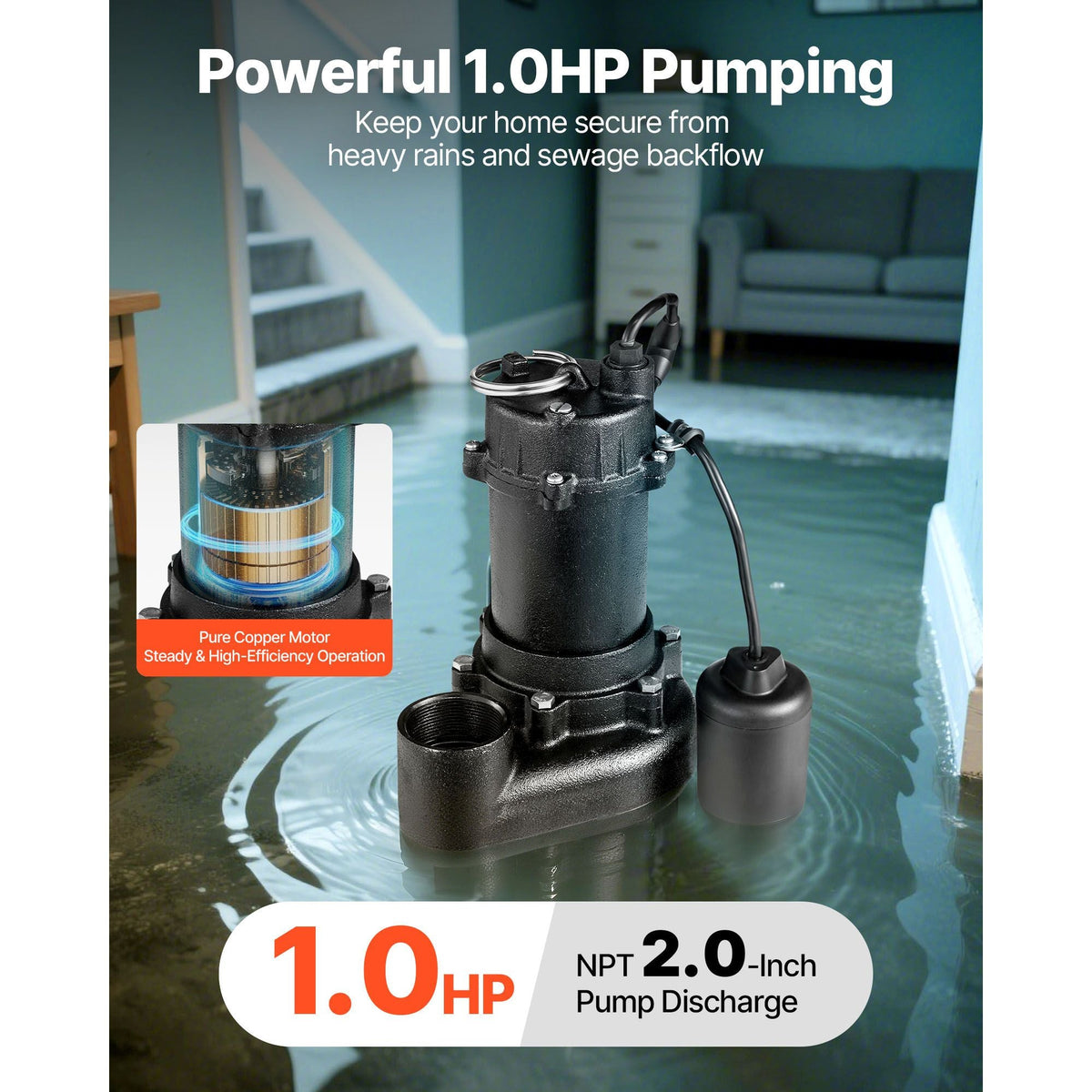Submersible Sewage Pump, 1 HP, 5200 GPH Cast Iron Sewage/Effluent Pump with Automatic Tethered Float Switch, 2-Inch NPT Discharge, 120V, 25 ft Max Lift, for Basement, Septic Tank, Residential