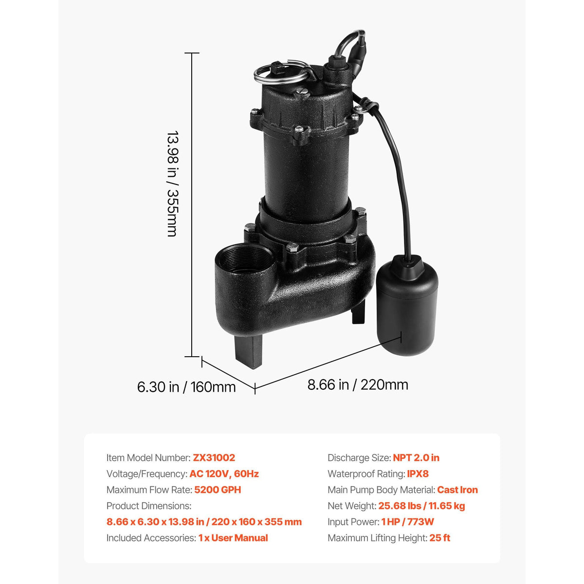 Submersible Sewage Pump, 1 HP, 5200 GPH Cast Iron Sewage/Effluent Pump with Automatic Tethered Float Switch, 2-Inch NPT Discharge, 120V, 25 ft Max Lift, for Basement, Septic Tank, Residential