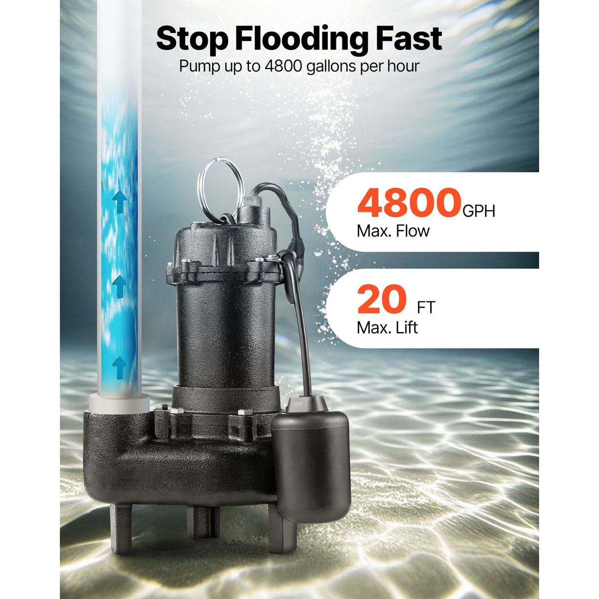 Submersible Sewage Pump, 1/2 HP, 4800 GPH Cast Iron Sewage/Effluent Pump with Automatic Tethered Float Switch, 2-Inch NPT Discharge, 120V, 20 ft Max Lift, for Basement, Septic Tank, Residential