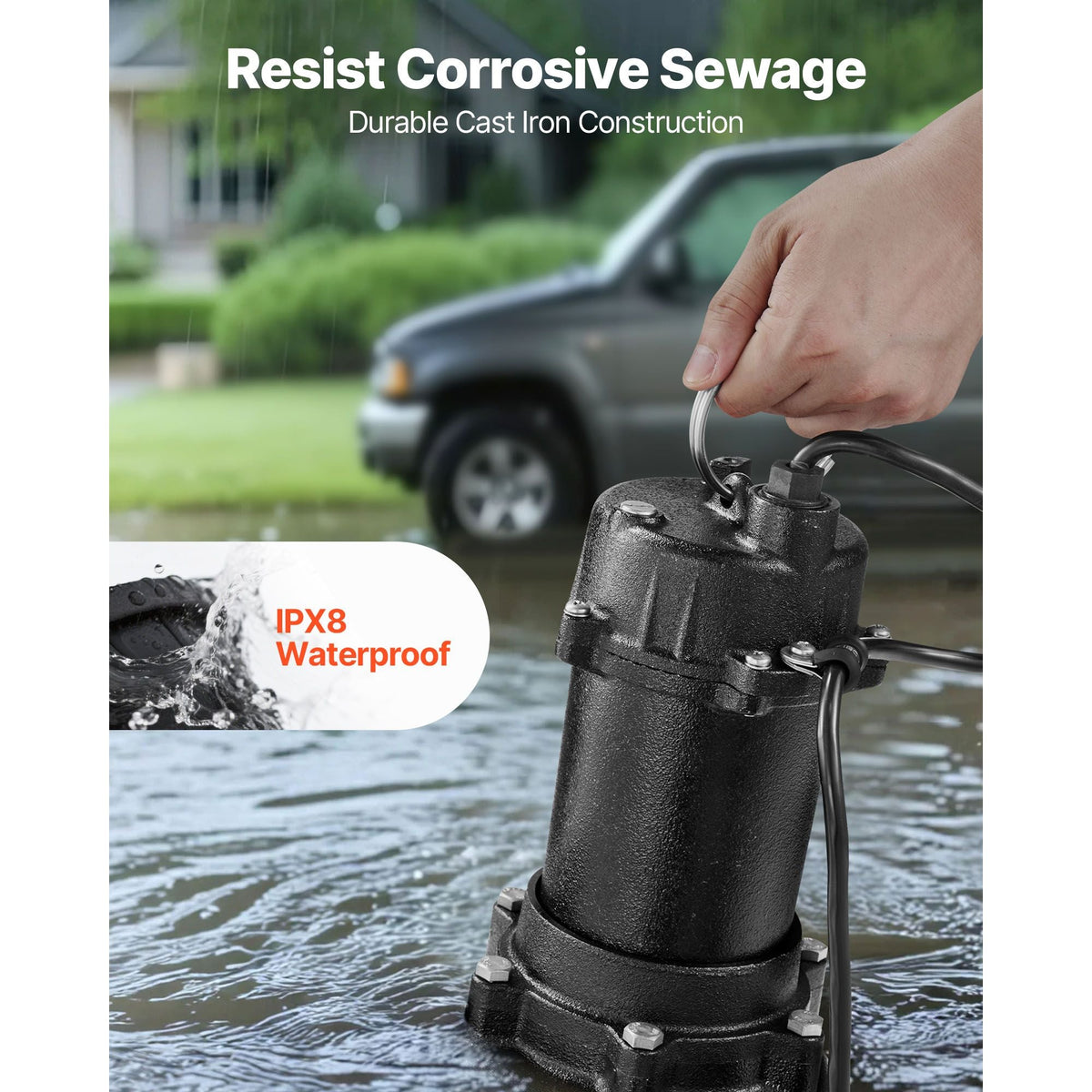 Submersible Sewage Pump, 1/2 HP, 4800 GPH Cast Iron Sewage/Effluent Pump with Automatic Tethered Float Switch, 2-Inch NPT Discharge, 120V, 20 ft Max Lift, for Basement, Septic Tank, Residential