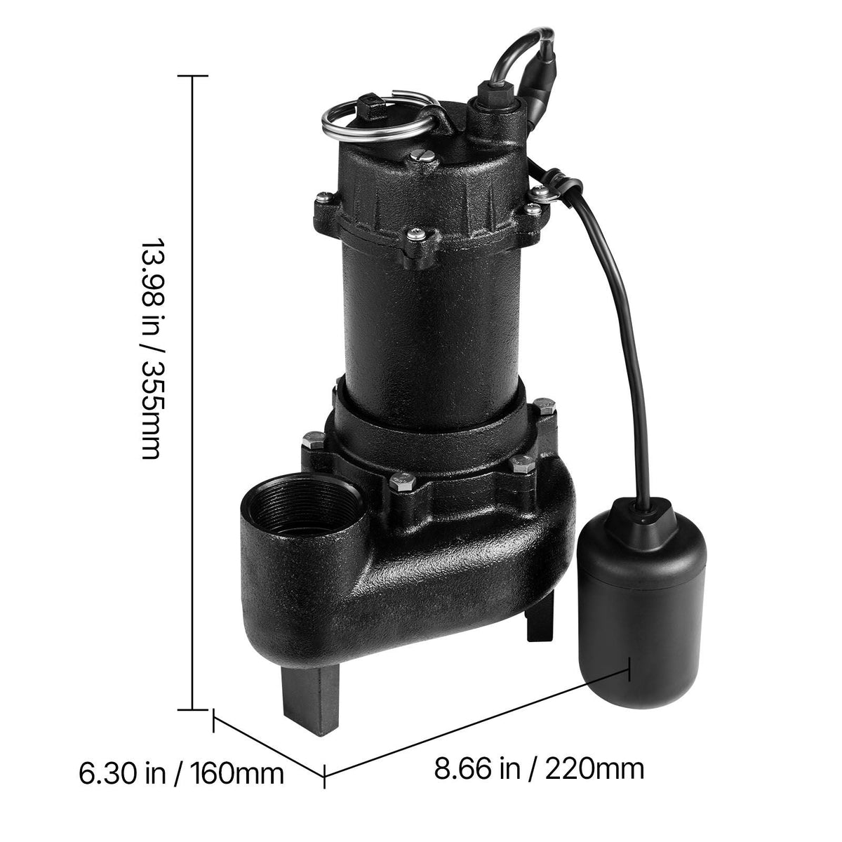 Submersible Sewage Pump, 1/2 HP, 4800 GPH Cast Iron Sewage/Effluent Pump with Automatic Tethered Float Switch, 2-Inch NPT Discharge, 120V, 20 ft Max Lift, for Basement, Septic Tank, Residential