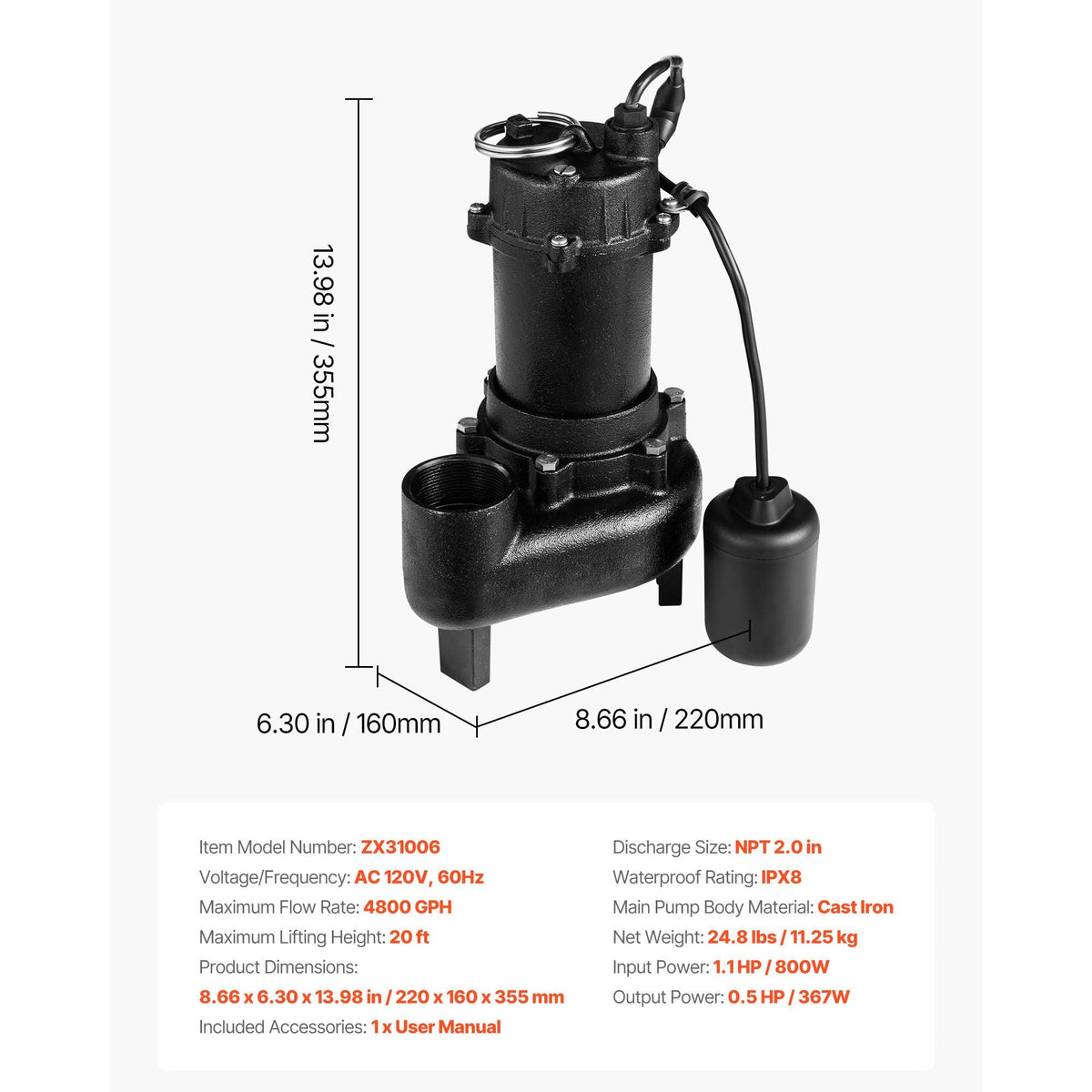 Submersible Sewage Pump, 1/2 HP, 4800 GPH Cast Iron Sewage/Effluent Pump with Automatic Tethered Float Switch, 2-Inch NPT Discharge, 120V, 20 ft Max Lift, for Basement, Septic Tank, Residential