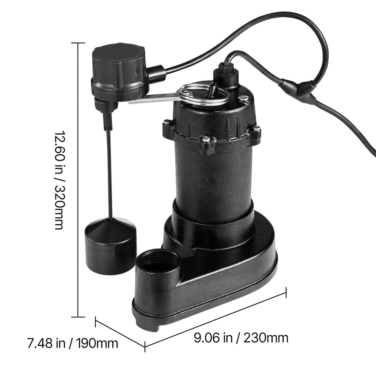 Submersible Sewage Pump, 1/3 HP, 3000 GPH Cast Iron Sewage/Effluent Pump with Automatic Float Switch, 1.5-Inch NPT Discharge, 120V, 25 ft Lift, for Basement, Septic Tank, Residential Sump Basin