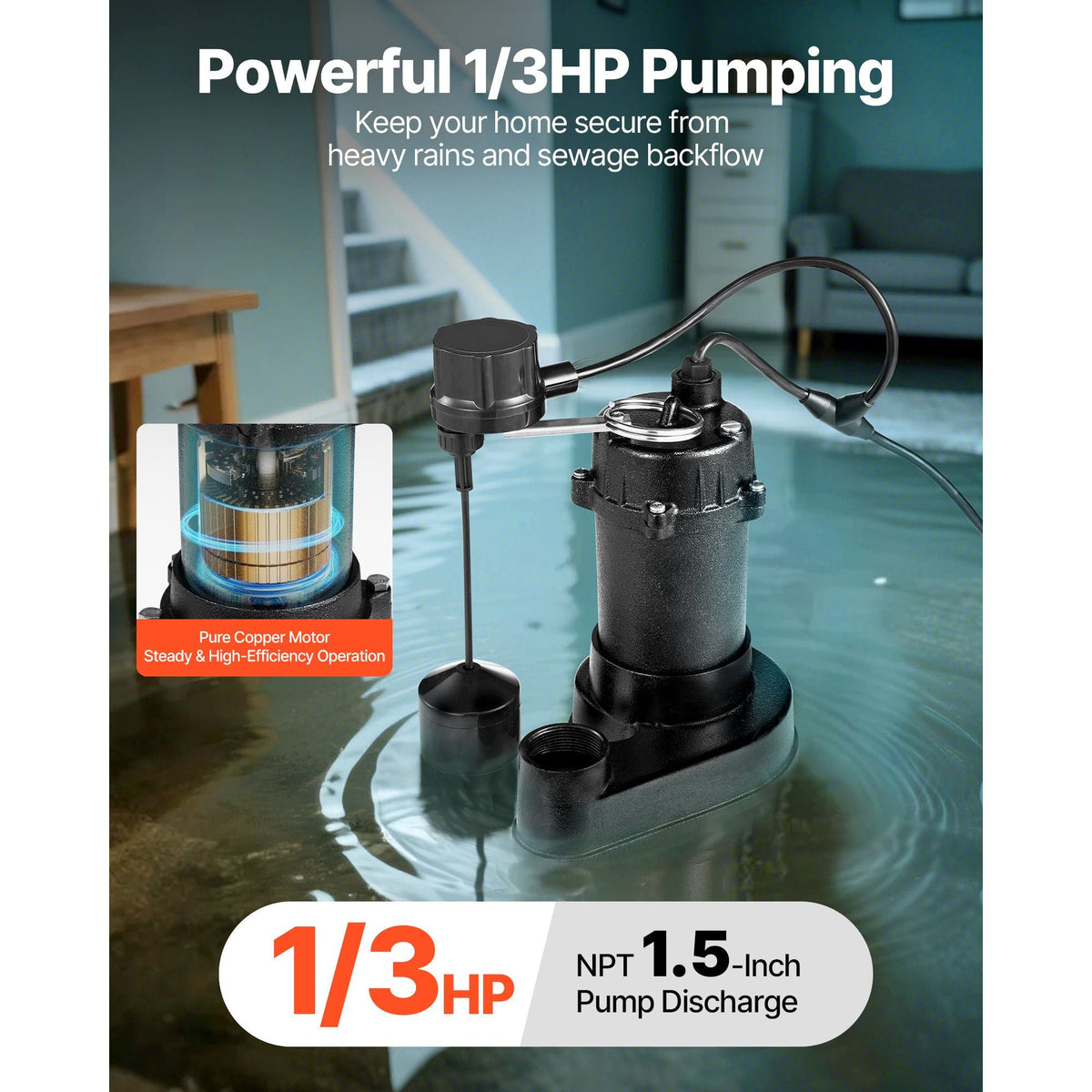 Submersible Sewage Pump, 1/3 HP, 3000 GPH Cast Iron Sewage/Effluent Pump with Automatic Float Switch, 1.5-Inch NPT Discharge, 120V, 25 ft Lift, for Basement, Septic Tank, Residential Sump Basin