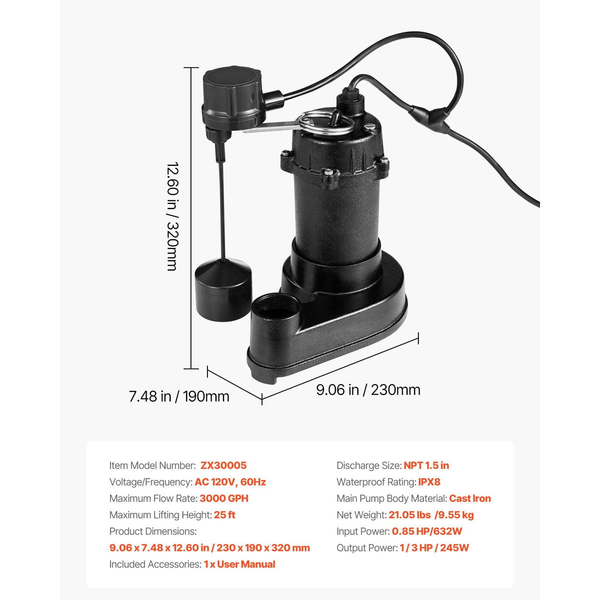 Submersible Sewage Pump, 1/3 HP, 3000 GPH Cast Iron Sewage/Effluent Pump with Automatic Float Switch, 1.5-Inch NPT Discharge, 120V, 25 ft Lift, for Basement, Septic Tank, Residential Sump Basin