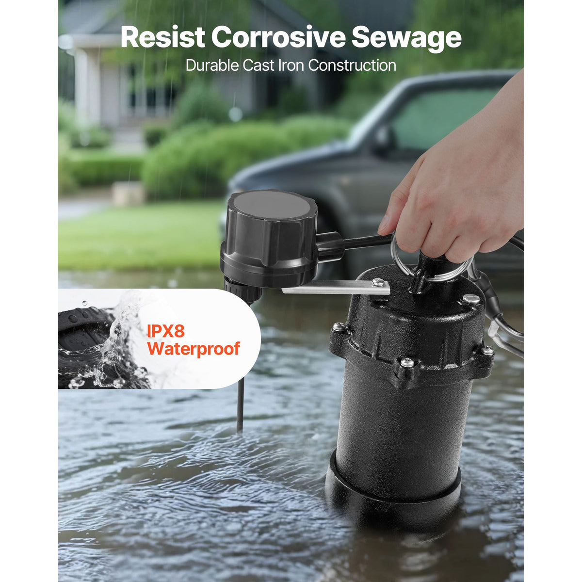 Submersible Sewage Pump, 1/3 HP, 3000 GPH Cast Iron Sewage/Effluent Pump with Automatic Float Switch, 1.5-Inch NPT Discharge, 120V, 25 ft Lift, for Basement, Septic Tank, Residential Sump Basin