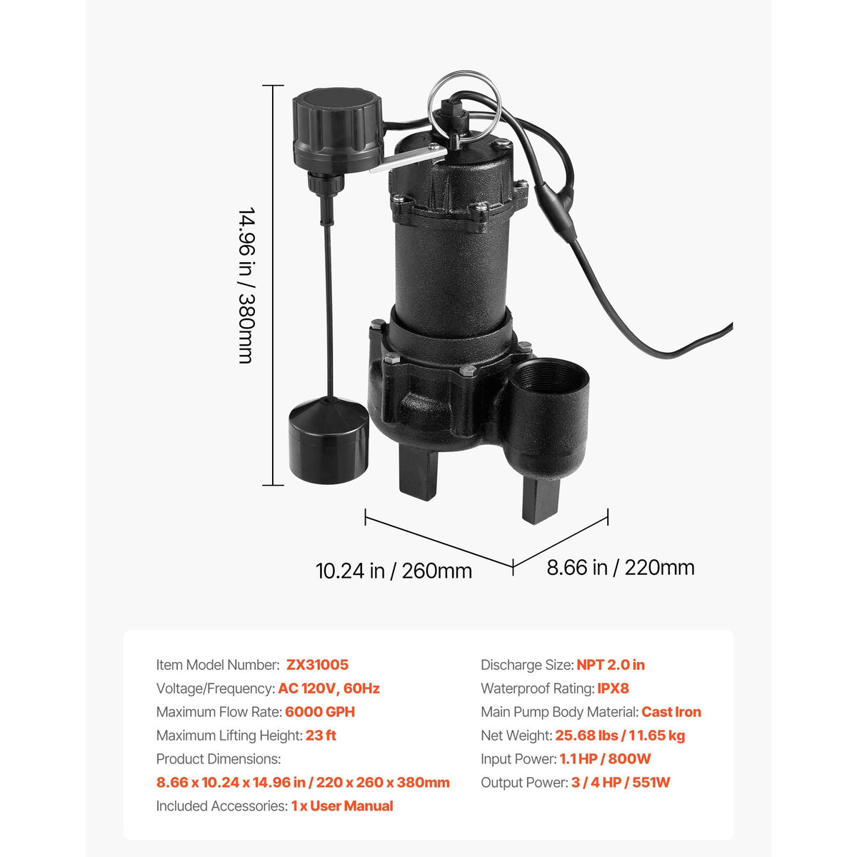 Submersible Sewage Pump, 3/4 HP, 6000 GPH Cast Iron Sewage/Effluent Pump with Automatic Tethered Float Switch, 2-Inch NPT Discharge, 120V, 23 ft Max Lift, for Basement, Septic Tank, Residential