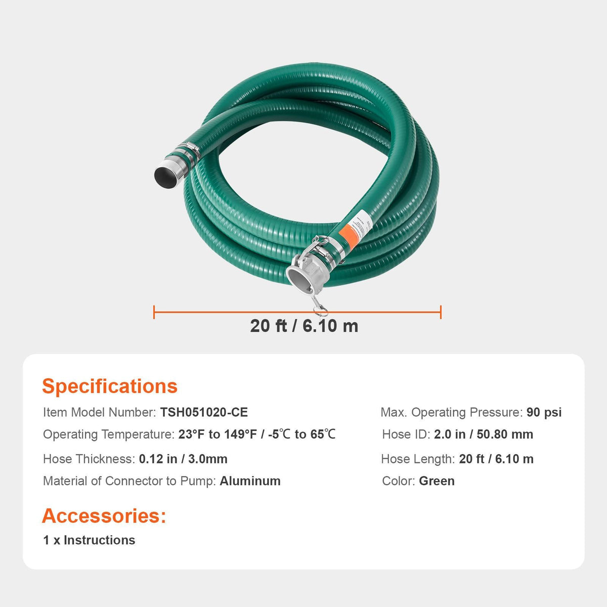 Suction Hose, 2 in x 20 ft, Green High Quality Hose, with Camlock Connectors, and Aluminum Fittings, Fit Various Pumps, for Sewage Treatment, Water Transportation and More Agricultural Purposes