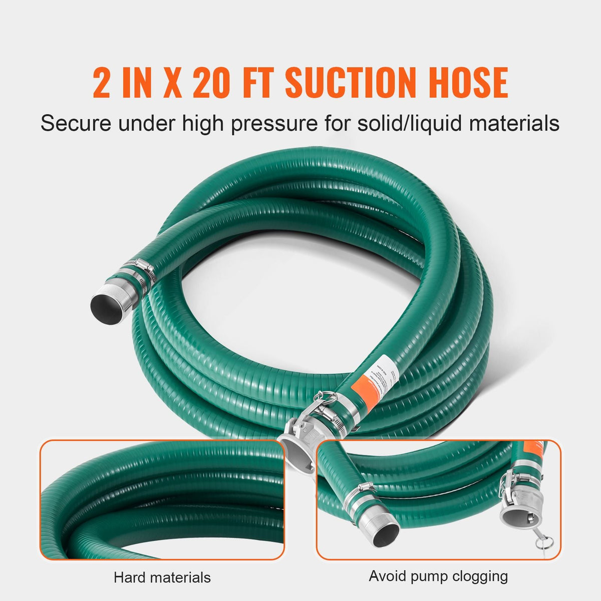Suction Hose, 2 in x 20 ft, Green High Quality Hose, with Camlock Connectors, and Aluminum Fittings, Fit Various Pumps, for Sewage Treatment, Water Transportation and More Agricultural Purposes