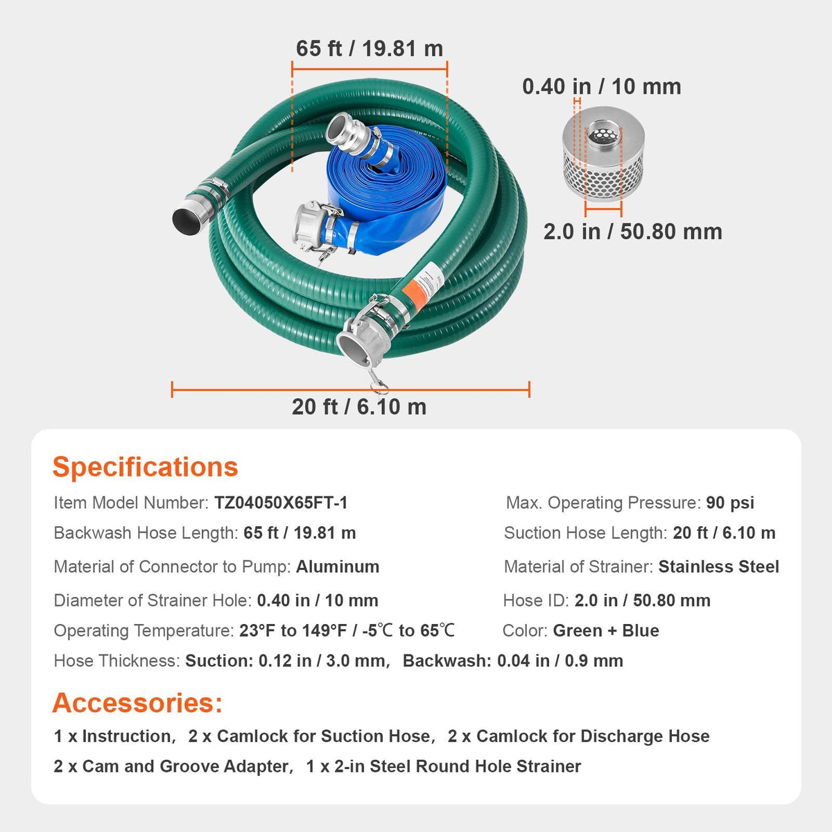 Suction Hose Kit for Water Pump, with 2 in x 65 ft Blue Backwash Hose, 20 ft Green Suction Hose, and Steel Round Hole Strainer, Camlocks, Clamps, Cam & Groove Adapter, for Multiple Purposes