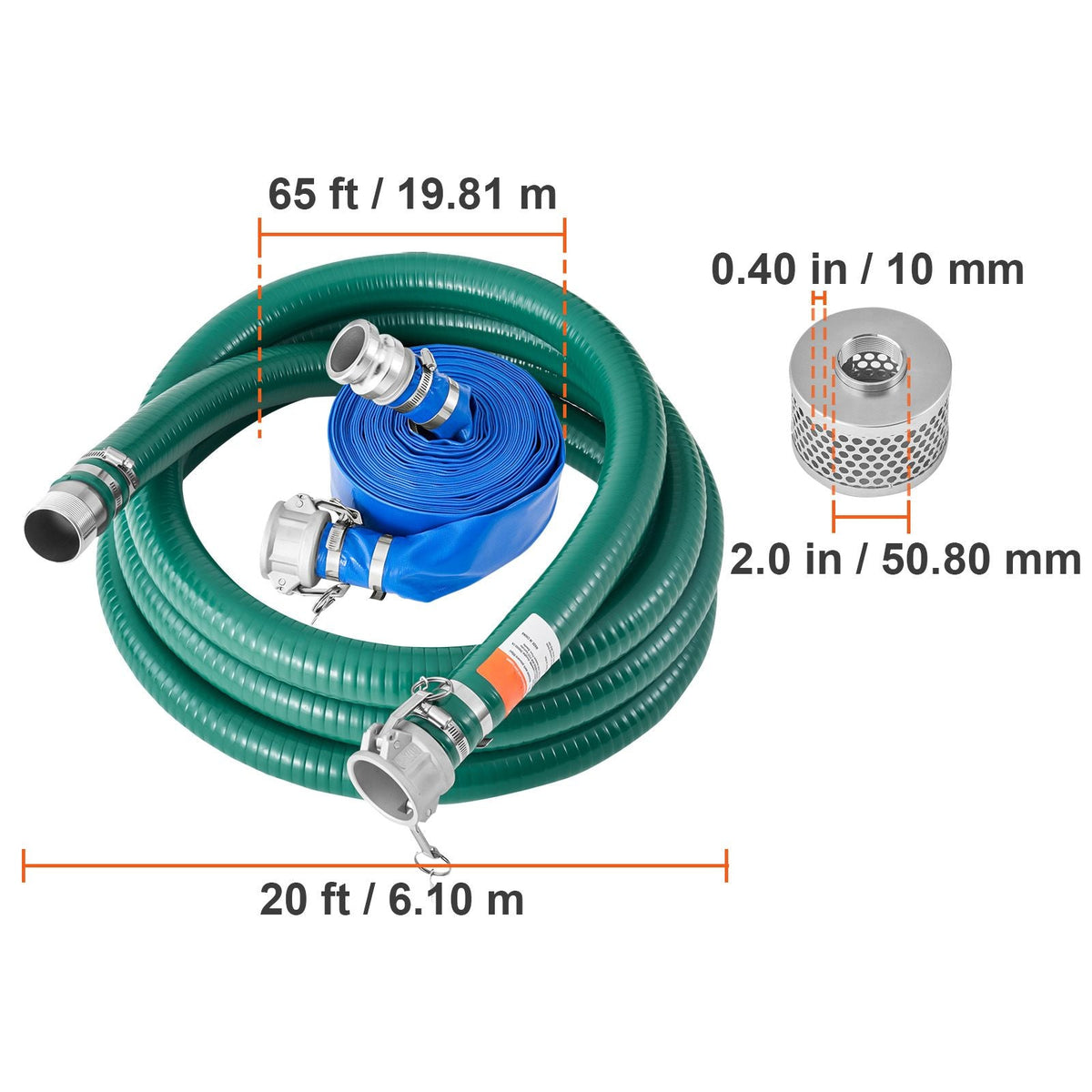 Suction Hose Kit for Water Pump, with 2 in x 65 ft Blue Backwash Hose, 20 ft Green Suction Hose, and Steel Round Hole Strainer, Camlocks, Clamps, Cam & Groove Adapter, for Multiple Purposes