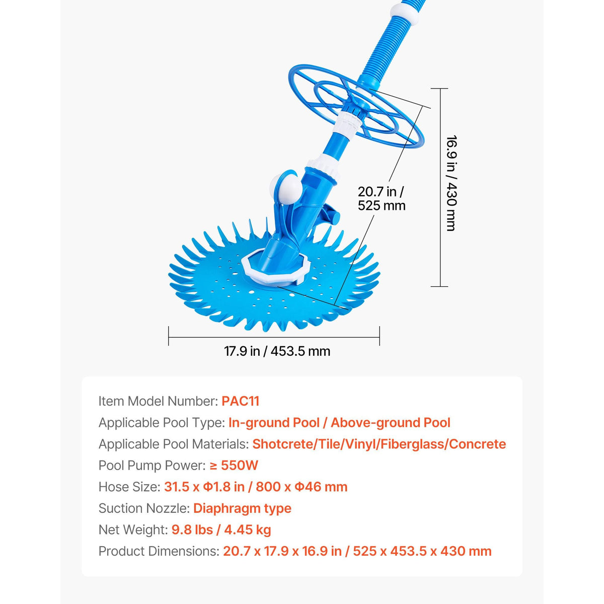 Suction Pool Cleaner, Automatic Pool Vacuum Cleaner, Suction Side Automatic Pool Cleaner, Suction Vacuum Pool Sweeper with 12 Hoses, for In-ground Pool and Above-ground Pool Up to 20 x 35 ft