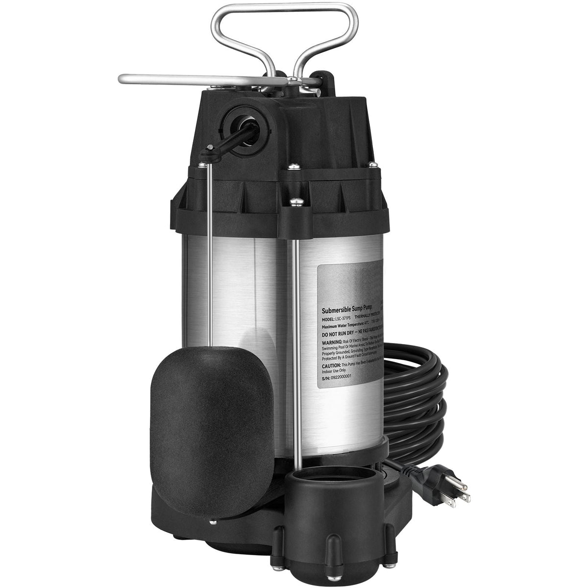 Sump Pump, 1/2 HP 3960 GPH, Submersible Stainless Steel Water Pump, 1-1/2" NPT Discharge With 33 ft Cord, Automatic Float Switch with Piggy-back Plug, for Indoor Basement Water Basin