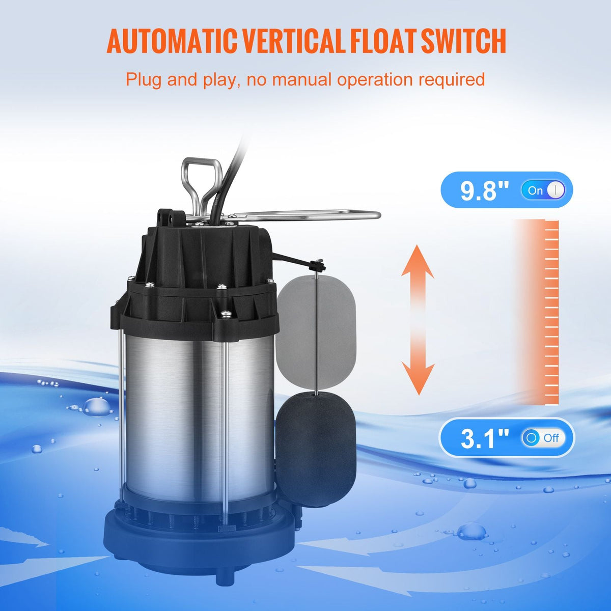 Sump Pump, 1/2 HP 3960 GPH, Submersible Stainless Steel Water Pump, 1-1/2" NPT Discharge With 33 ft Cord, Automatic Float Switch with Piggy-back Plug, for Indoor Basement Water Basin
