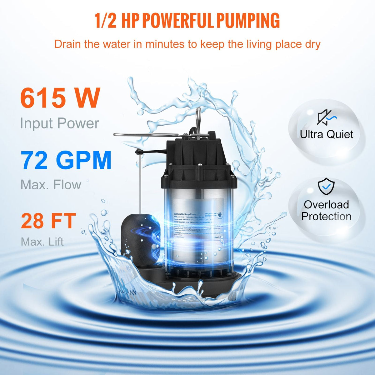 Sump Pump, 1/2 HP 3960 GPH, Submersible Stainless Steel Water Pump, 1-1/2" NPT Discharge With 33 ft Cord, Automatic Float Switch with Piggy-back Plug, for Indoor Basement Water Basin