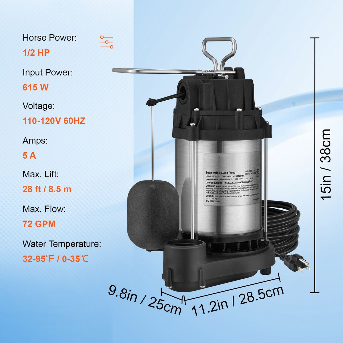 Sump Pump, 1/2 HP 3960 GPH, Submersible Stainless Steel Water Pump, 1-1/2" NPT Discharge With 33 ft Cord, Automatic Float Switch with Piggy-back Plug, for Indoor Basement Water Basin