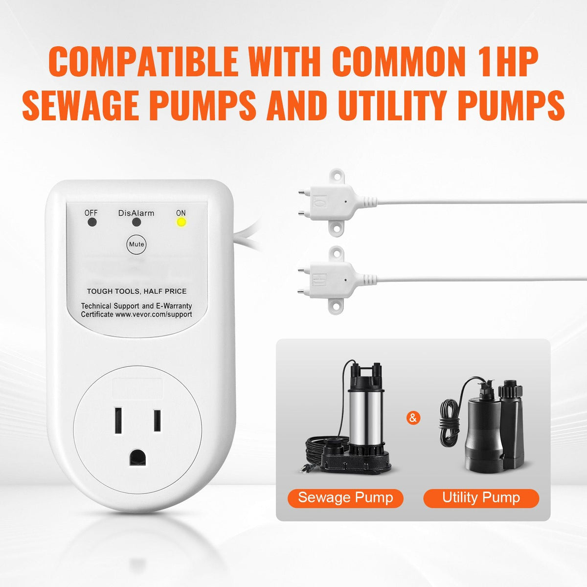 Sump Pump Alarm, Indoor/Outdoor High Water Septic Tank Alarm With HI/LO Dual Sensors, 85dB Loud Alarm and 16.4ft Extended Sensor Cable, For Sewage Pits, Submersible, Utility