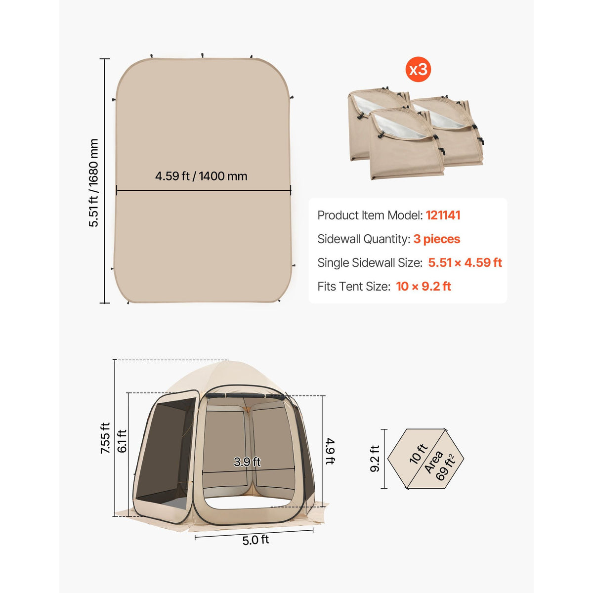 Sun Shade Sail Canopy Covers, Fit for 10 x 9.2 ft Screen House Tent, Sun Protection, 5.51 x 4.23 ft 300D Oxford Silver-Coated Fabric, Pack of 3 (Not Include Tent), for Outdoor Activities, Beige