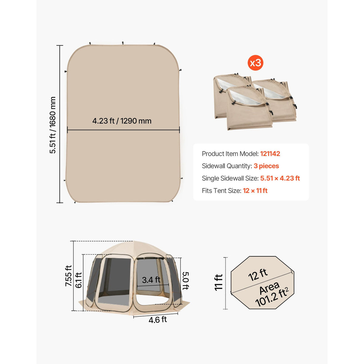 Sun Shade Sail Canopy Covers, Fit for 12 x 11 ft Screen House Tent, Sun Protection, 5.51 x 4.59 ft 300D Oxford Silver-Coated Fabric, Pack of 3 (Not Include Tent), for Outdoor Activities, Beige