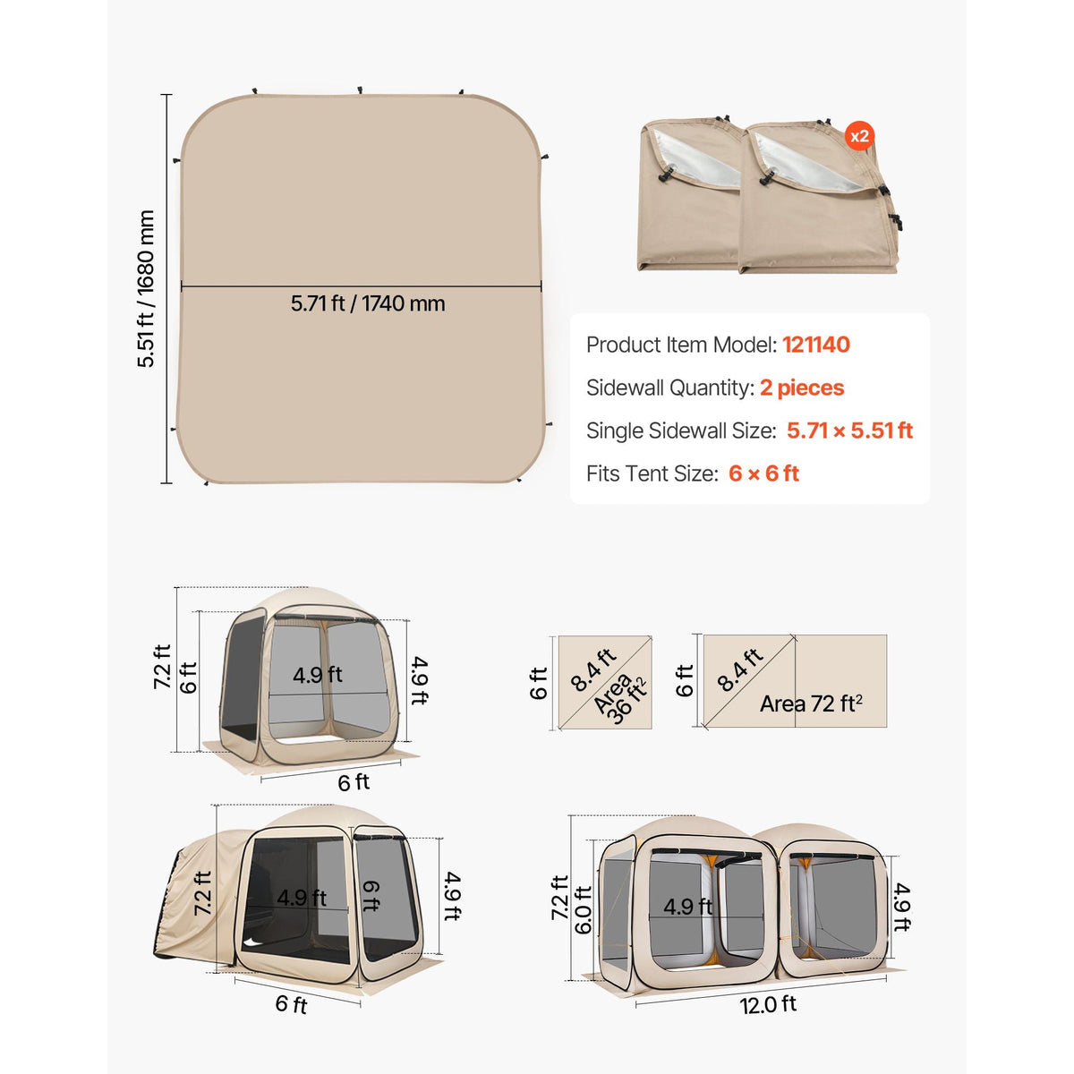 Sun Shade Sail Canopy Covers, Fit for 6 x 6 ft Screen House Tent, Sun Protection, 5.51 x 5.71 ft 300D Oxford Silver-Coated Fabric, Pack of 2 (Not Include Tent), for Outdoor Activities, Beige