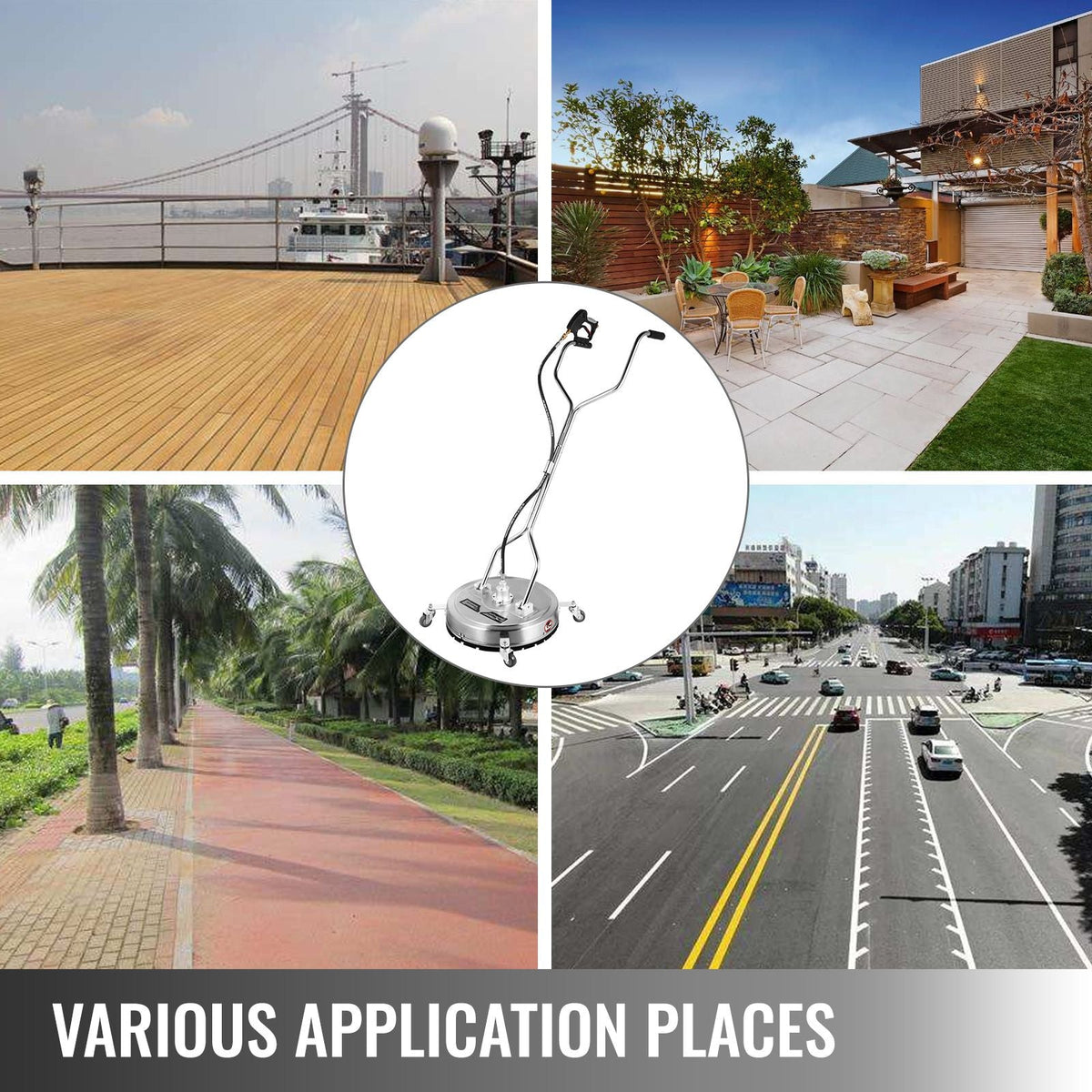 Surface Cleaner 18 inch Flat Surface Cleaner for Pressure Washer 4000psi Pressure with 3/8 Quick Connector Surface Cleaner with Casters 10.5GPM Stainless Steel Rotating Rod & 3 Nozzle for Patio