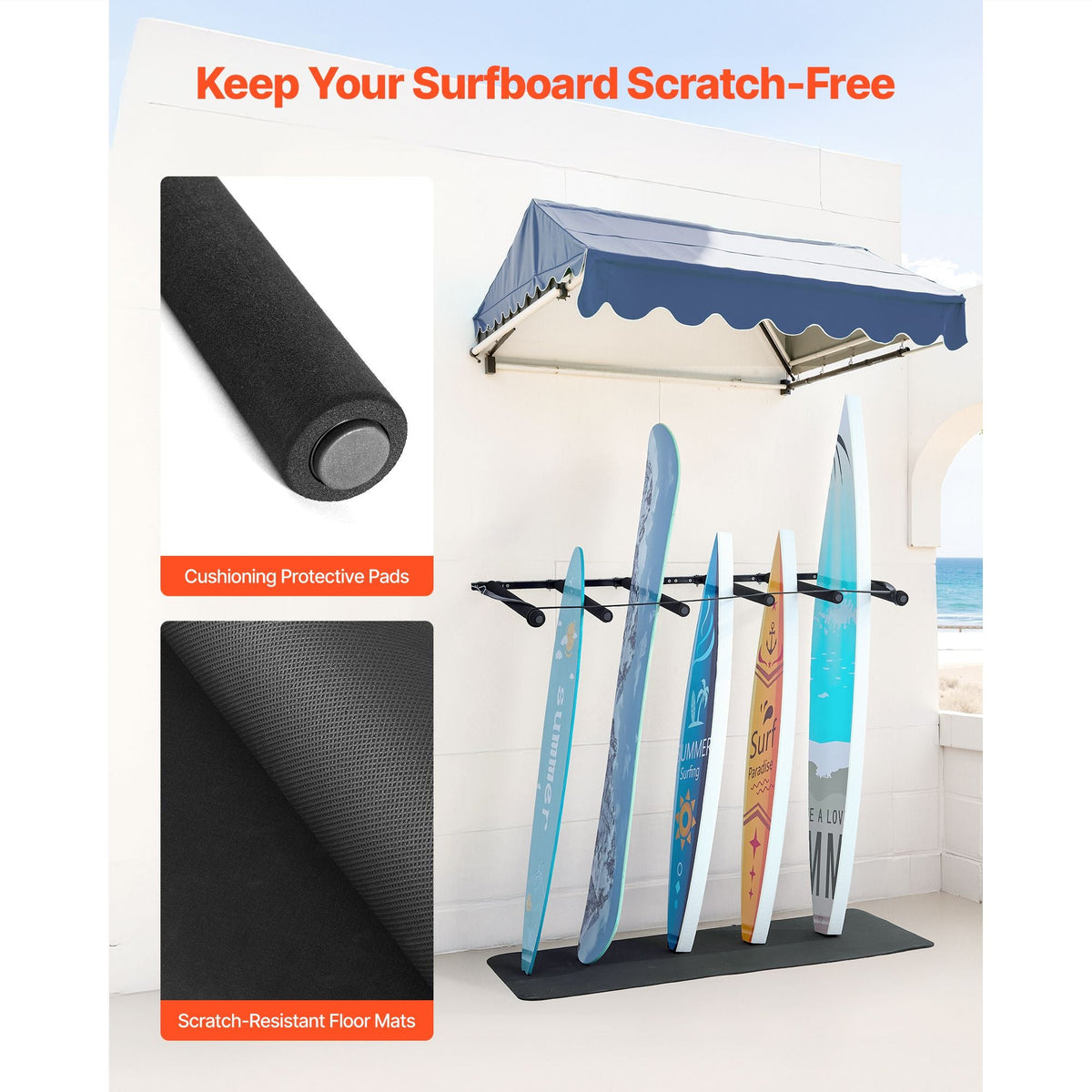 Surfboard Wall Mount, 5 Tiers Vertical Surfboard Rack for Storage and Display, Adjustable Metal Board Stand Organizer with Sponge Pad, Surf Board Holder for Snowboards, Kiteboards, Shortboard