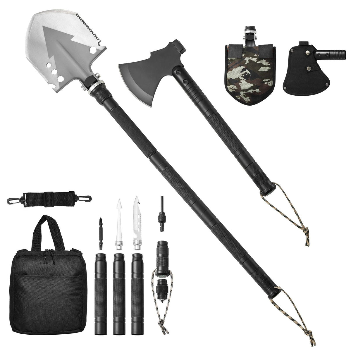 Survival Shovel Survival Axe, 16-in-1 Camping Folding Shovels with Hatchet, Stainless Steel Tactical Shovel Hatchet Combo, Multifunctional Emergency Survival Gear Equipment for Camping Hiking