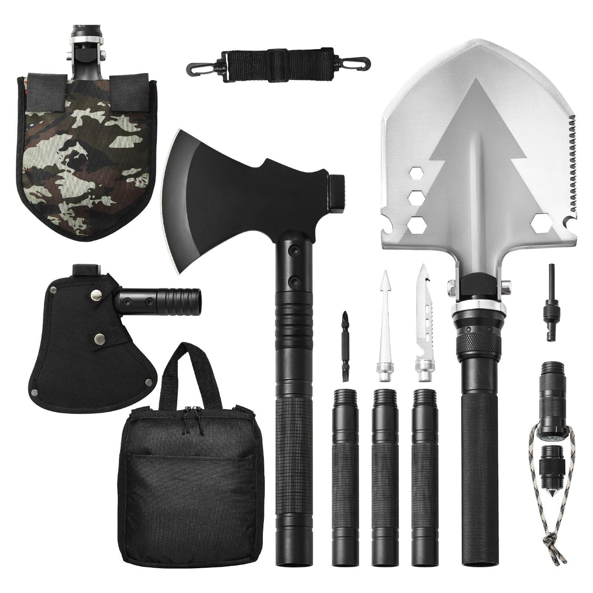 Survival Shovel Survival Axe, 16-in-1 Camping Folding Shovels with Hatchet, Stainless Steel Tactical Shovel Hatchet Combo, Multifunctional Emergency Survival Gear Equipment for Camping Hiking