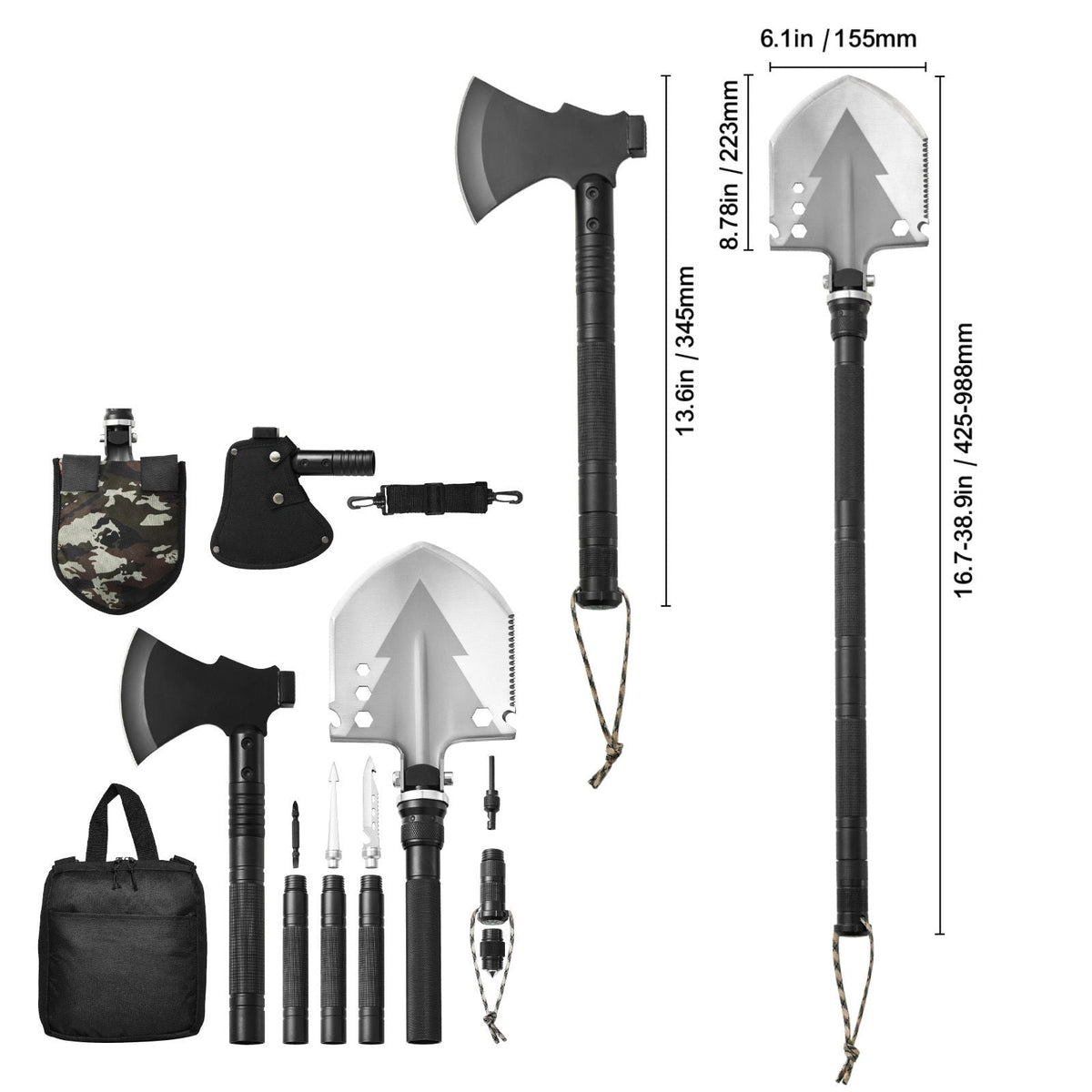 Survival Shovel Survival Axe, 16-in-1 Camping Folding Shovels with Hatchet, Stainless Steel Tactical Shovel Hatchet Combo, Multifunctional Emergency Survival Gear Equipment for Camping Hiking