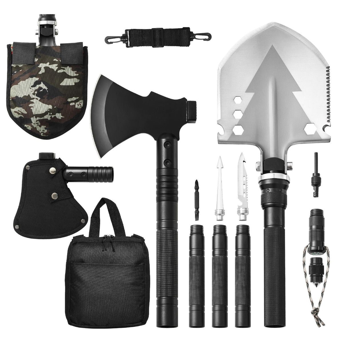 Survival Shovel Survival Axe, 16-in-1 Camping Folding Shovels with Hatchet, Stainless Steel Tactical Shovel Hatchet Combo, Multifunctional Emergency Survival Gear Equipment for Camping Hiking