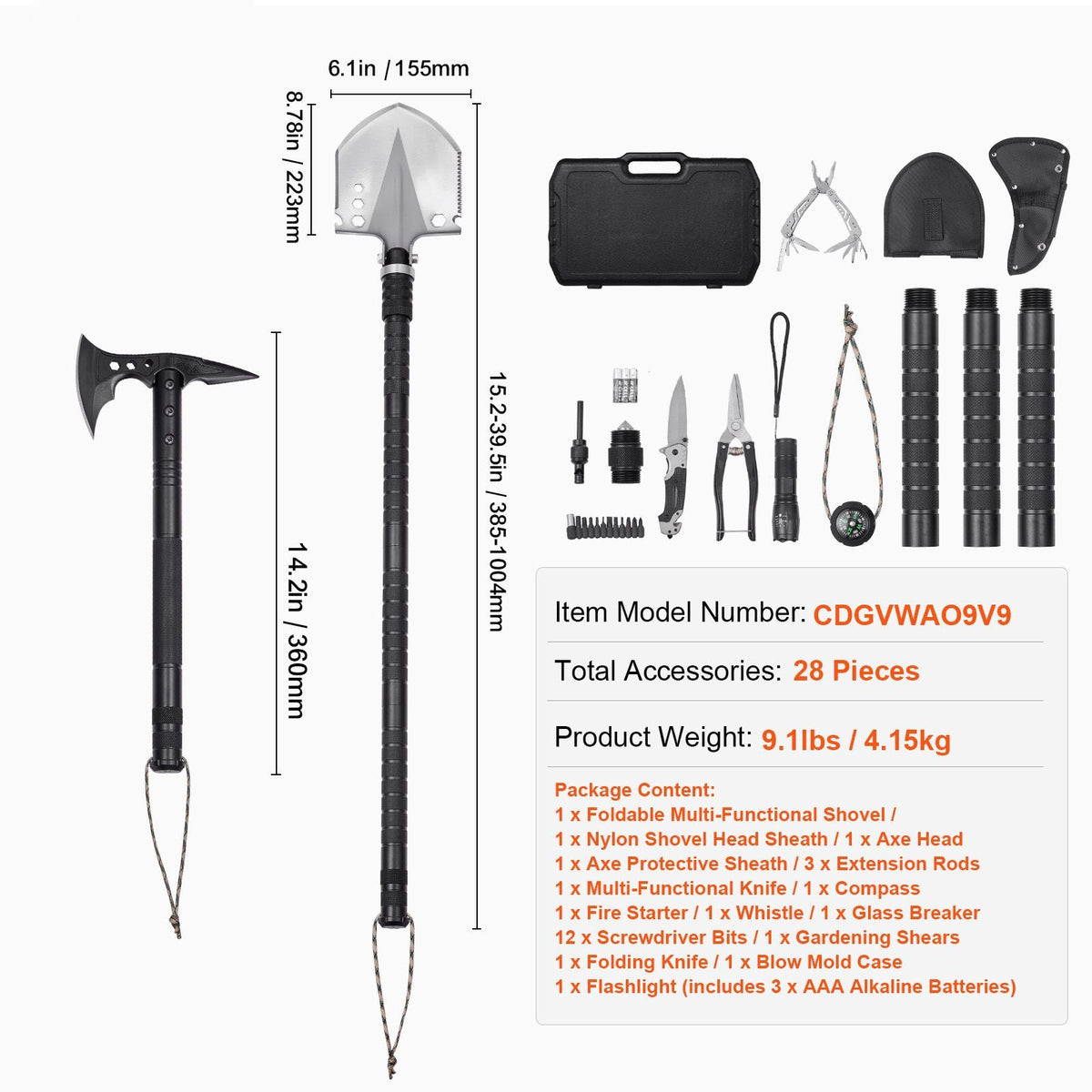 Survival Shovel Survival Axe, 28-in-1 Camping Folding Shovels with Hatchet, Stainless Steel Tactical Shovel Hatchet Combo, Multifunctional Emergency Survival Gear Equipment for Camping Hiking