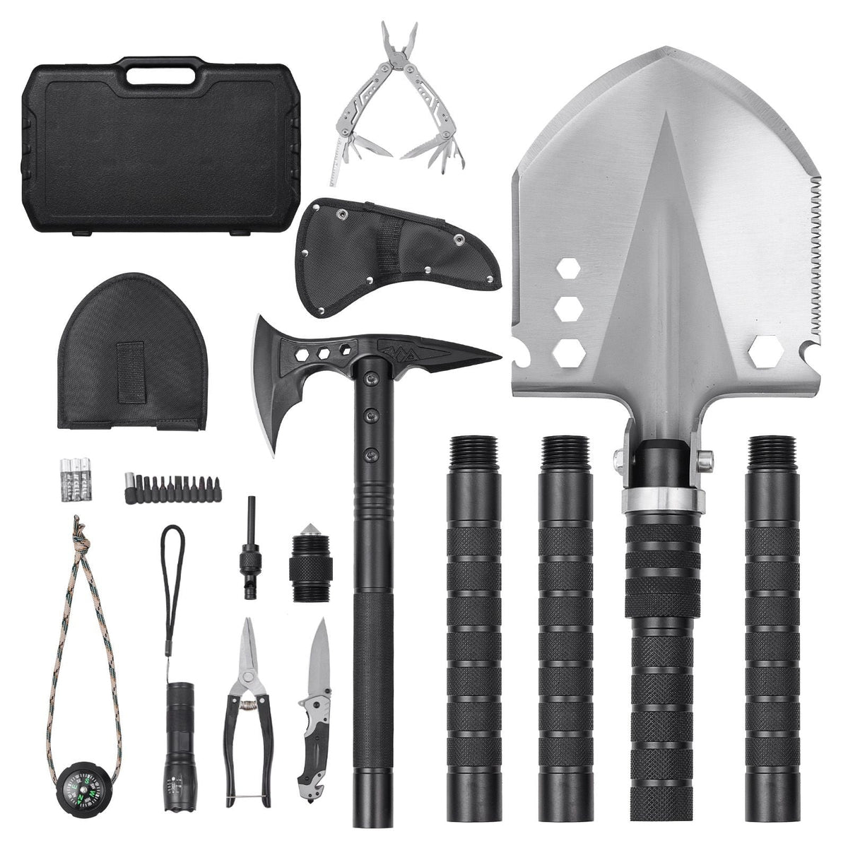 Survival Shovel Survival Axe, 28-in-1 Camping Folding Shovels with Hatchet, Stainless Steel Tactical Shovel Hatchet Combo, Multifunctional Emergency Survival Gear Equipment for Camping Hiking