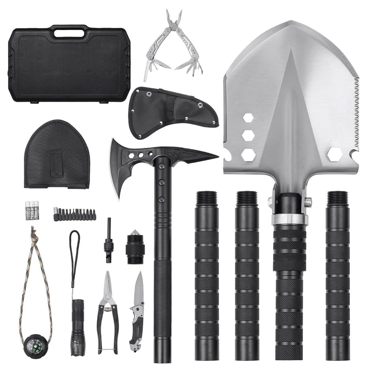 Survival Shovel Survival Axe, 28-in-1 Camping Folding Shovels with Hatchet, Stainless Steel Tactical Shovel Hatchet Combo, Multifunctional Emergency Survival Gear Equipment for Camping Hiking