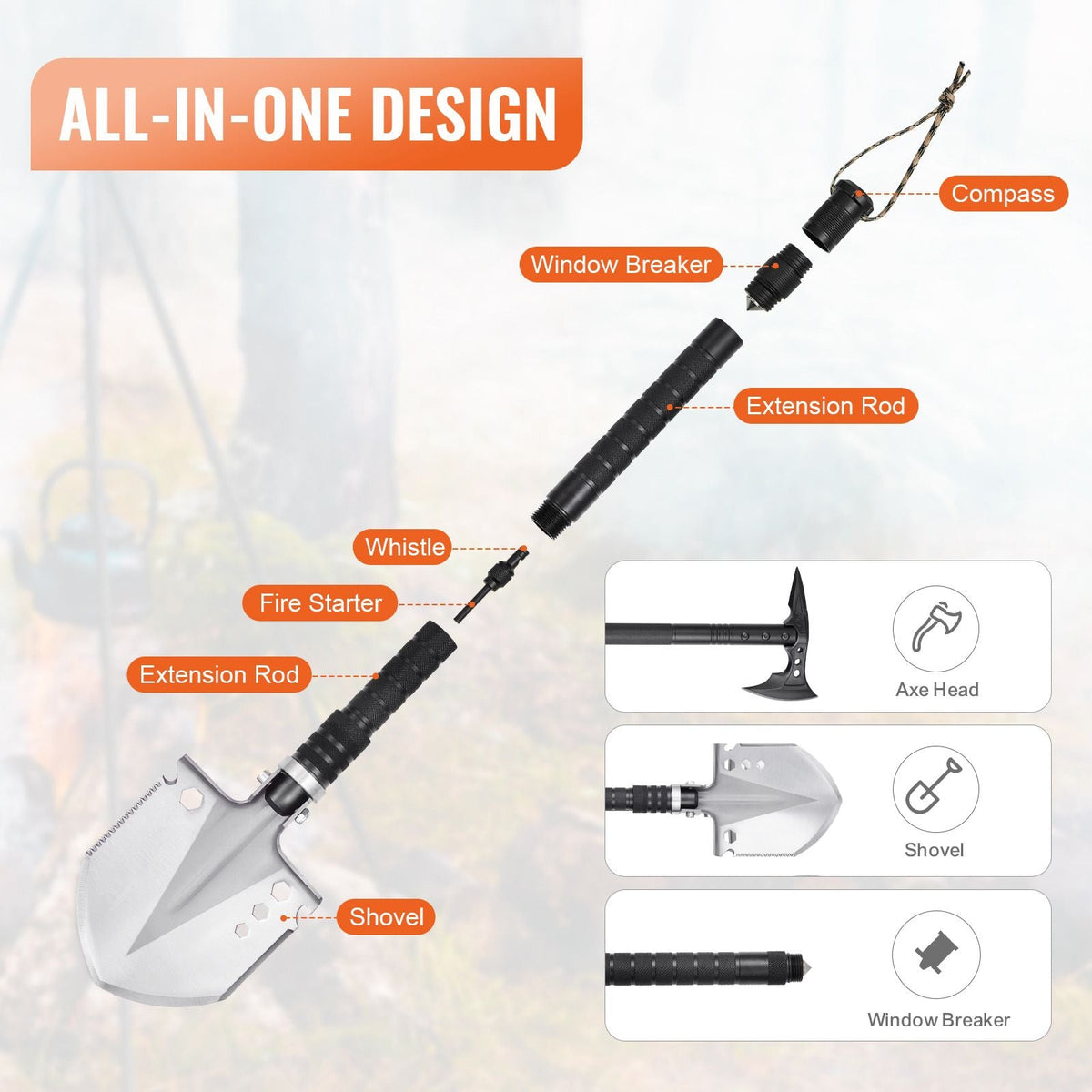 Survival Shovel Survival Axe, 28-in-1 Camping Folding Shovels with Hatchet, Stainless Steel Tactical Shovel Hatchet Combo, Multifunctional Emergency Survival Gear Equipment for Camping Hiking