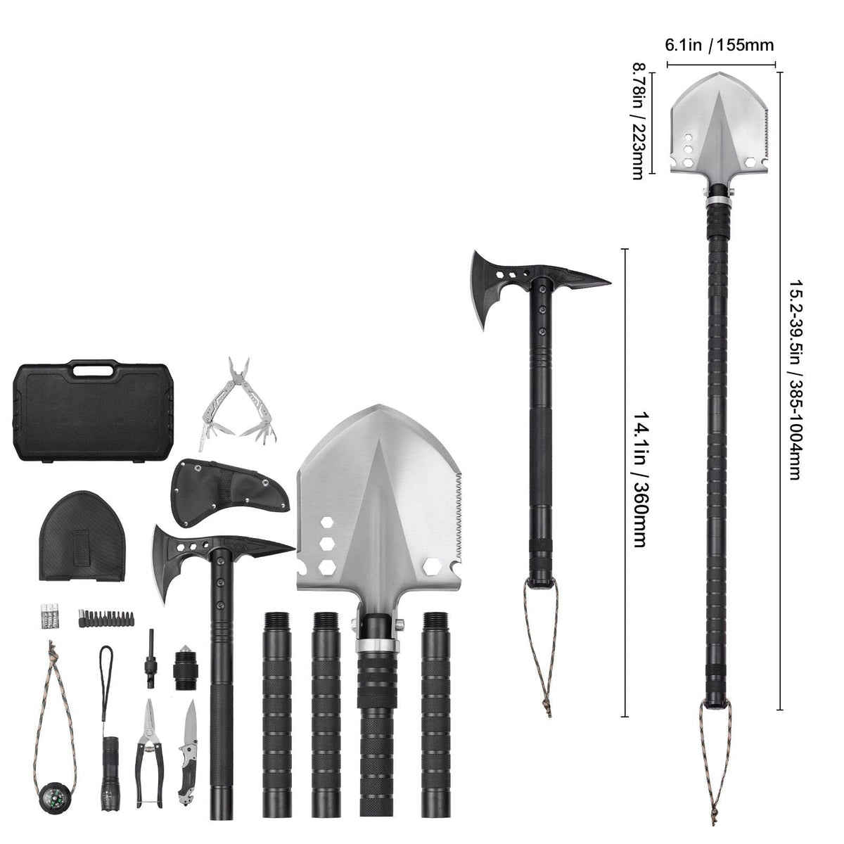 Survival Shovel Survival Axe, 28-in-1 Camping Folding Shovels with Hatchet, Stainless Steel Tactical Shovel Hatchet Combo, Multifunctional Emergency Survival Gear Equipment for Camping Hiking