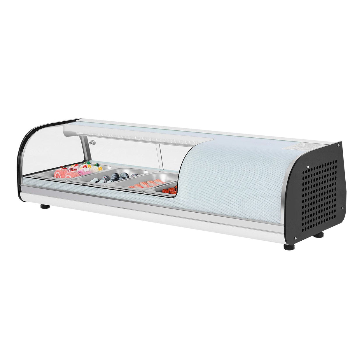 Sushi Display Case Refrigerator, 1.5 Cu.ft Commercial Sushi Case, 4-Pan Countertop Showcase with Curved Glass, LED Lighting, and Digital Temperature Control, for Sushi-Bar, Restaurant, Store