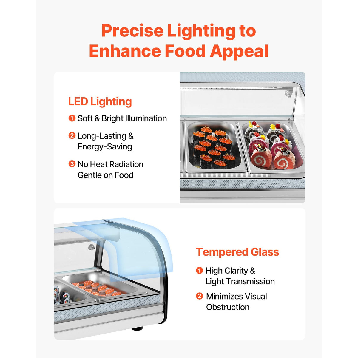 Sushi Display Case Refrigerator, 1.5 Cu.ft Commercial Sushi Case, 4-Pan Countertop Showcase with Curved Glass, LED Lighting, and Digital Temperature Control, for Sushi-Bar, Restaurant, Store