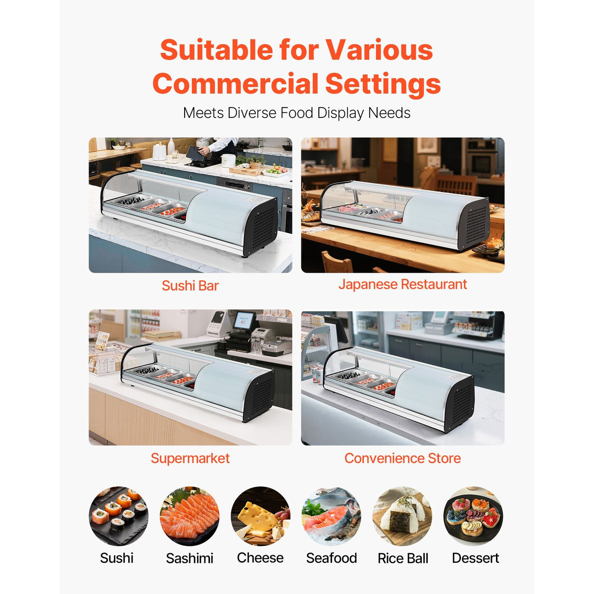 Sushi Display Case Refrigerator, 1.5 Cu.ft Commercial Sushi Case, 4-Pan Countertop Showcase with Curved Glass, LED Lighting, and Digital Temperature Control, for Sushi-Bar, Restaurant, Store