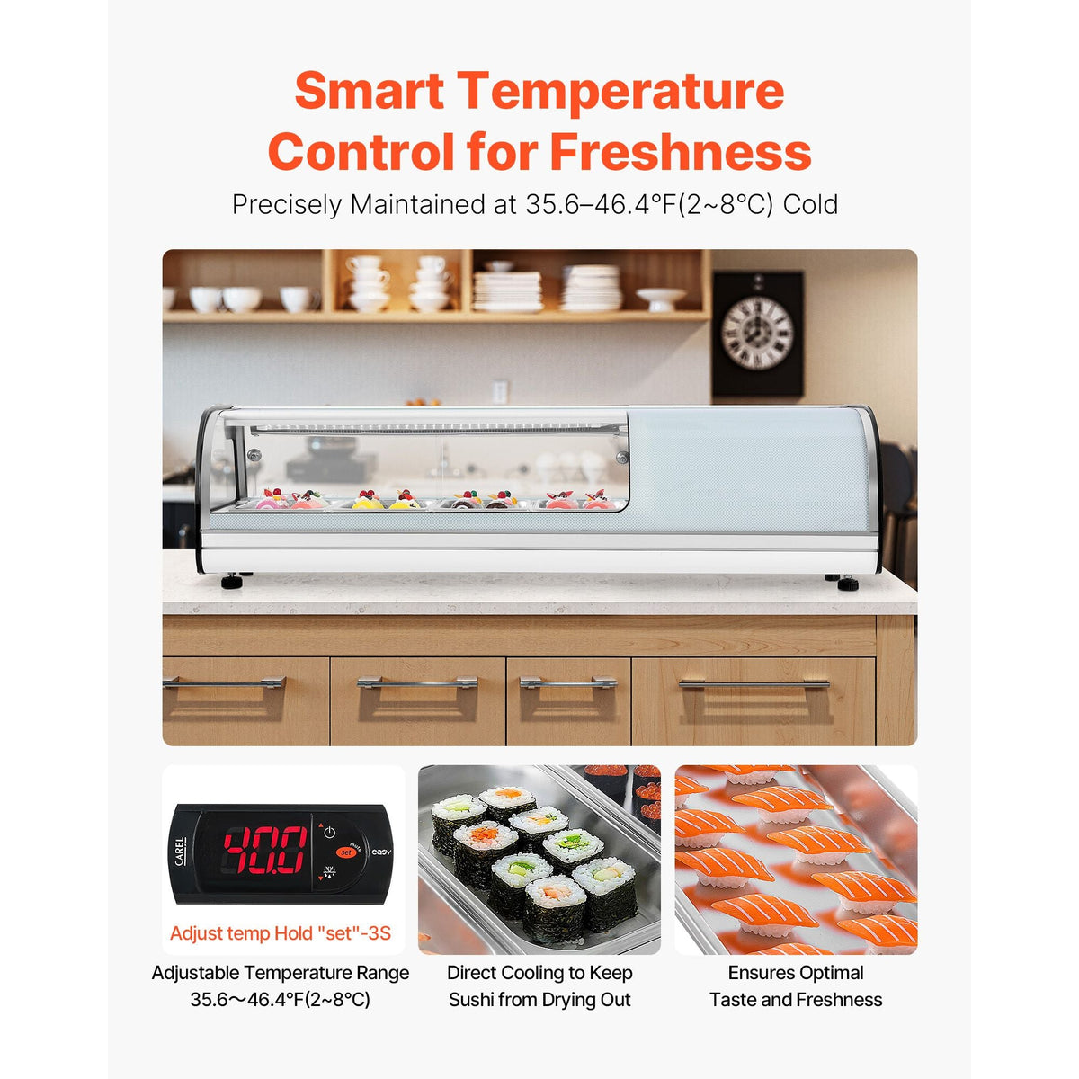 Sushi Display Case Refrigerator, 1.5 Cu.ft Commercial Sushi Case, 4-Pan Countertop Showcase with Curved Glass, LED Lighting, and Digital Temperature Control, for Sushi-Bar, Restaurant, Store