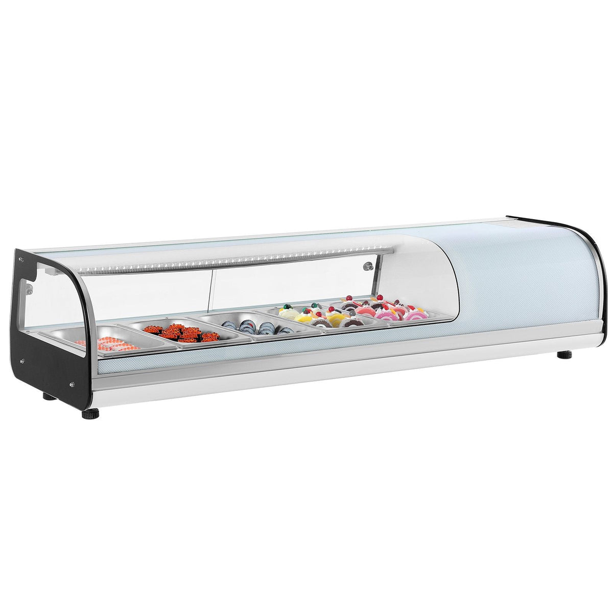 Sushi Display Case Refrigerator, 1.8 Cu.ft Commercial Sushi Case, 5-Pan Countertop Showcase with Curved Glass, LED Lighting, and Digital Temperature Control, for Sushi-Bar, Restaurant, Store