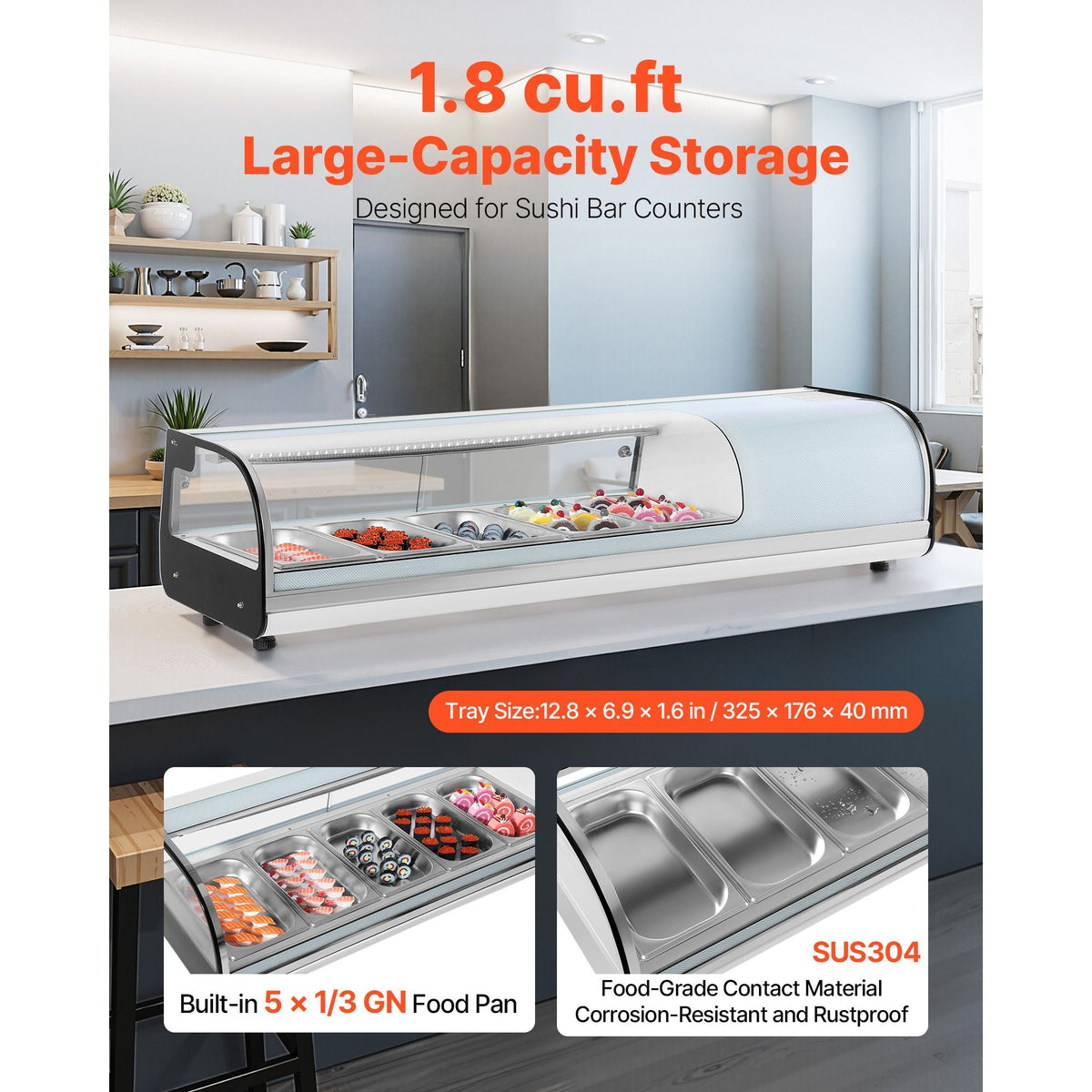 Sushi Display Case Refrigerator, 1.8 Cu.ft Commercial Sushi Case, 5-Pan Countertop Showcase with Curved Glass, LED Lighting, and Digital Temperature Control, for Sushi-Bar, Restaurant, Store