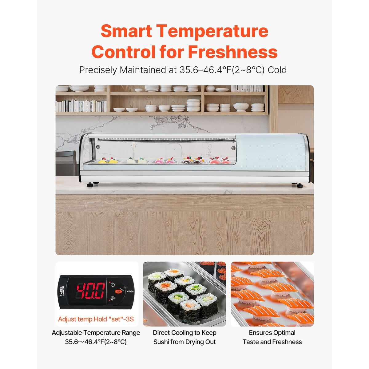 Sushi Display Case Refrigerator, 1.8 Cu.ft Commercial Sushi Case, 5-Pan Countertop Showcase with Curved Glass, LED Lighting, and Digital Temperature Control, for Sushi-Bar, Restaurant, Store