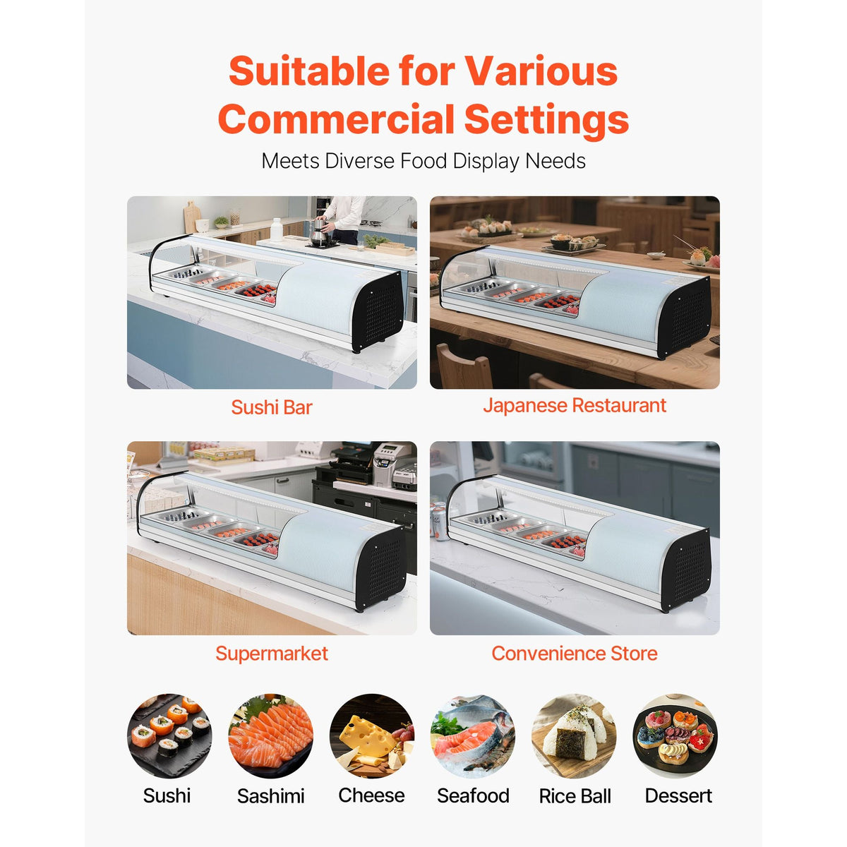 Sushi Display Case Refrigerator, 1.8 Cu.ft Commercial Sushi Case, 5-Pan Countertop Showcase with Curved Glass, LED Lighting, and Digital Temperature Control, for Sushi-Bar, Restaurant, Store
