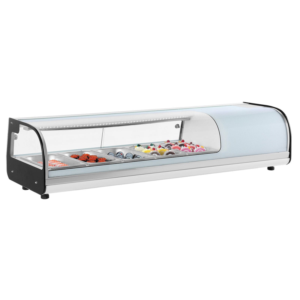 Sushi Display Case Refrigerator, 1.8 Cu.ft Commercial Sushi Case, 5-Pan Countertop Showcase with Curved Glass, LED Lighting, and Digital Temperature Control, for Sushi-Bar, Restaurant, Store