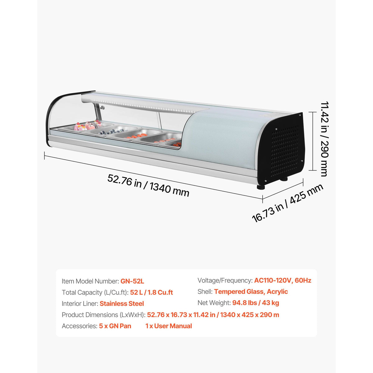 Sushi Display Case Refrigerator, 1.8 Cu.ft Commercial Sushi Case, 5-Pan Countertop Showcase with Curved Glass, LED Lighting, and Digital Temperature Control, for Sushi-Bar, Restaurant, Store