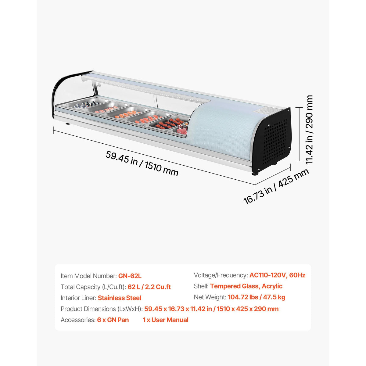 Sushi Display Case Refrigerator, 2.2 Cu.ft Commercial Sushi Case, 6-Pan Countertop Showcase with Curved Glass, LED Lighting, and Digital Temperature Control, for Sushi-Bar, Restaurant, Store