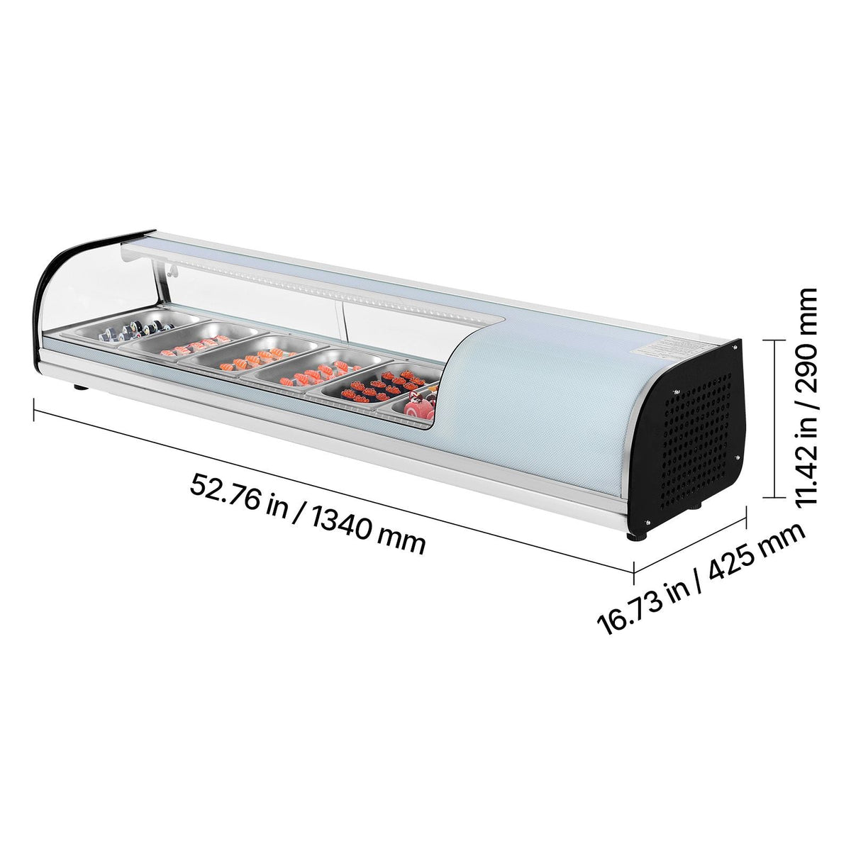 Sushi Display Case Refrigerator, 2.2 Cu.ft Commercial Sushi Case, 6-Pan Countertop Showcase with Curved Glass, LED Lighting, and Digital Temperature Control, for Sushi-Bar, Restaurant, Store