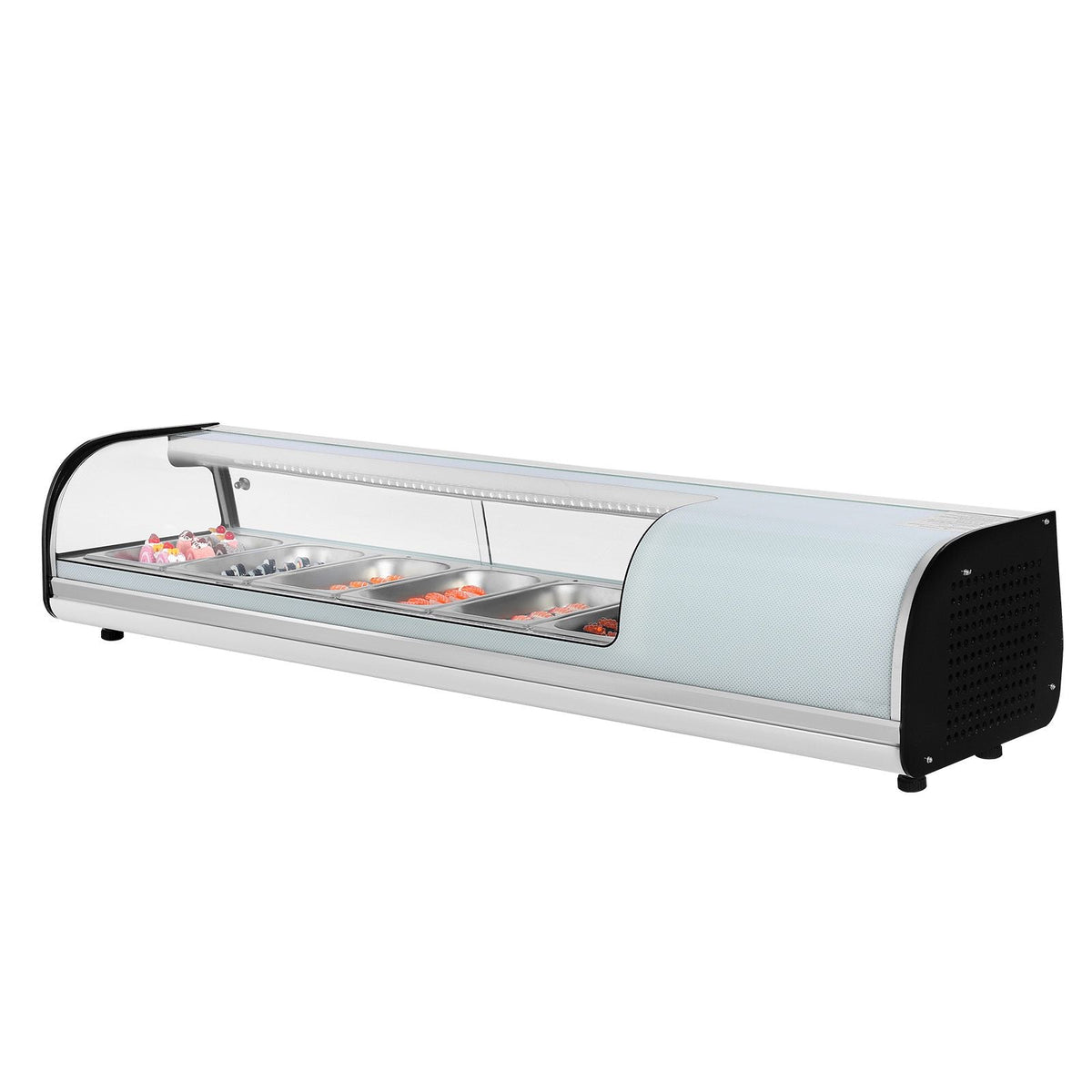 Sushi Display Case Refrigerator, 2.2 Cu.ft Commercial Sushi Case, 6-Pan Countertop Showcase with Curved Glass, LED Lighting, and Digital Temperature Control, for Sushi-Bar, Restaurant, Store