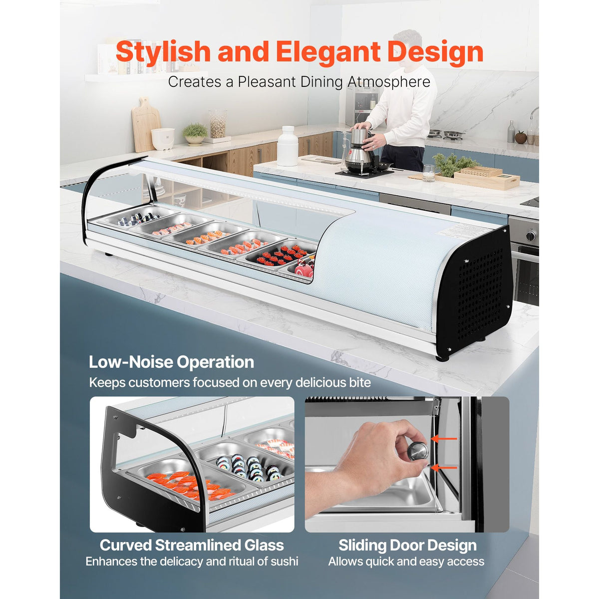 Sushi Display Case Refrigerator, 2.2 Cu.ft Commercial Sushi Case, 6-Pan Countertop Showcase with Curved Glass, LED Lighting, and Digital Temperature Control, for Sushi-Bar, Restaurant, Store